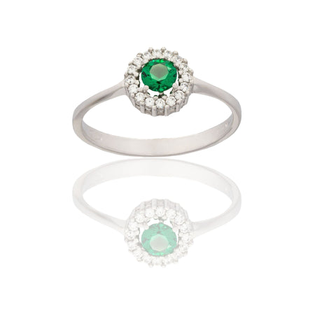 Anello Oro Bianco Oro 18 carati Tondo Centro E Contorno Zirconi Bianchi, Zircone Verde spessore gambo mm. 2,2  spessore pietre 7,7