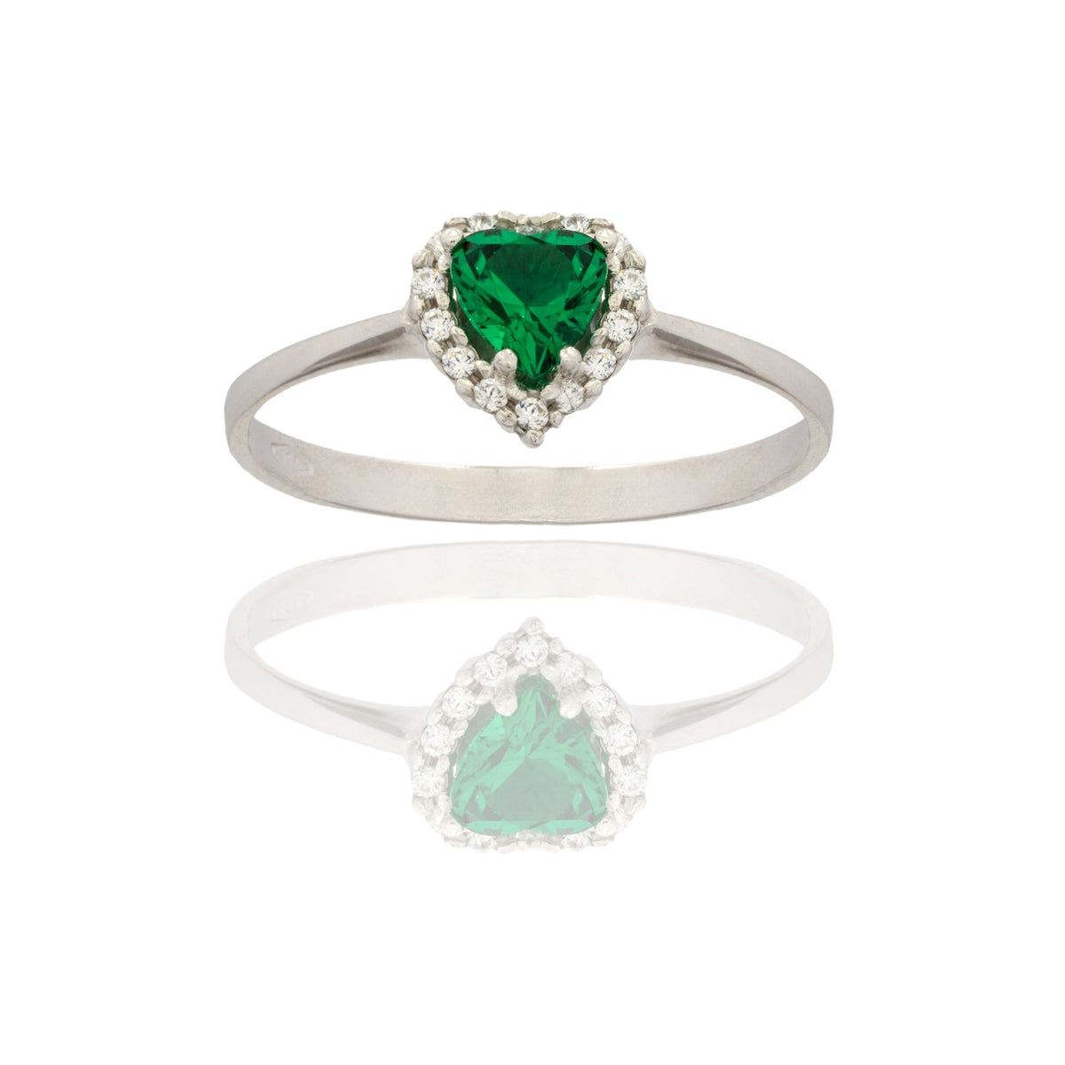 Anello Oro Bianco Oro 18 carati Cuore Centro E Contorno Zirconi Bianchi, Zircone Verde 
