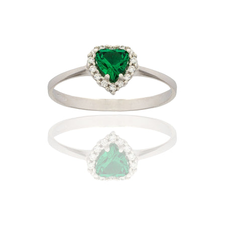 Anello Oro Bianco Oro 18 carati Cuore Centro E Contorno Zirconi Bianchi, Zircone Verde 