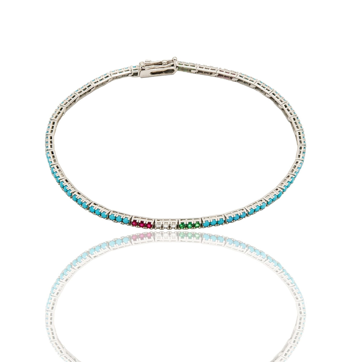 Bracciale Oro Bianco Oro 18 carati Tennis a terzine con bandiera italiana Zirconi Azzurri, Zirconi Bianchi, Zirconi Verdi, Zirconi Rossi lunghezza 18cm spessore mm 1,8