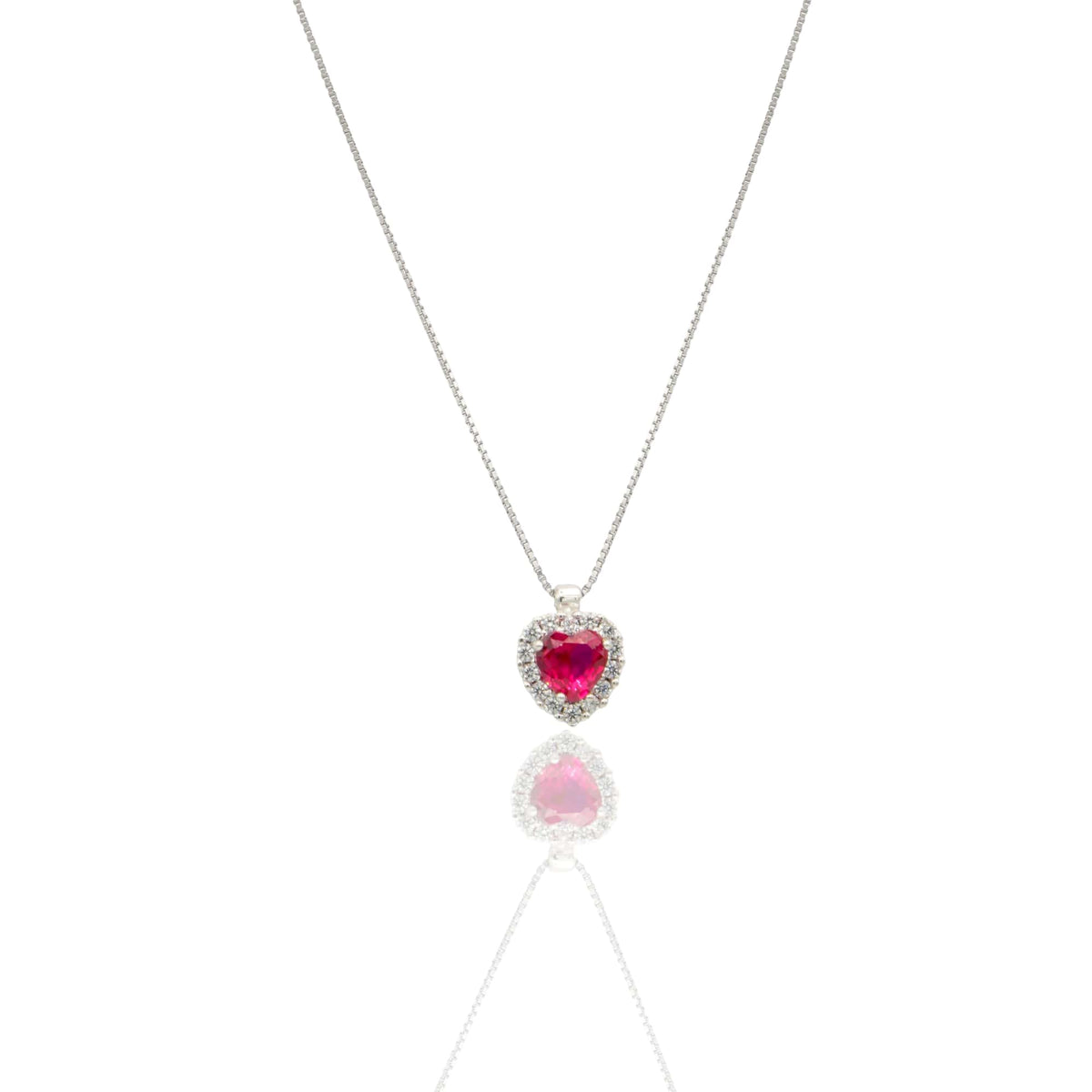 Collana Oro Bianco Oro 18 carati Cuore Centro E Contorno Pavè Zirconi bianchi, Zircone Rosso 