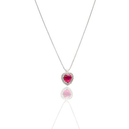 Collana Oro Bianco Oro 18 carati Cuore Centro E Contorno Pavè Zirconi bianchi, Zircone Rosso 