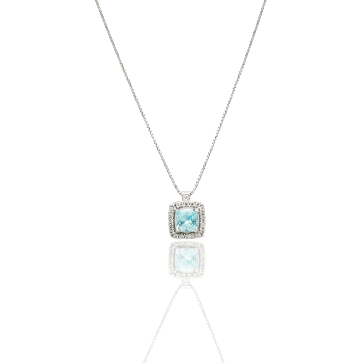 Collana Oro Bianco Oro 18 carati Quadrato Centro E Contorno Pavè Zirconi bianchi, Zircone Azzurro 