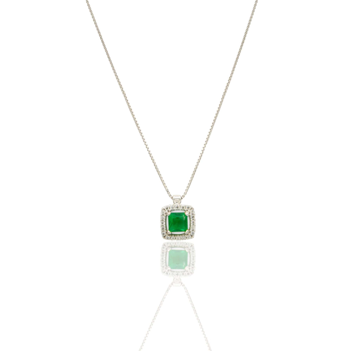 Collana Oro Bianco Oro 18 carati Quadrato Centro E Contorno Pavè Zirconi bianchi, Zircone Verde 