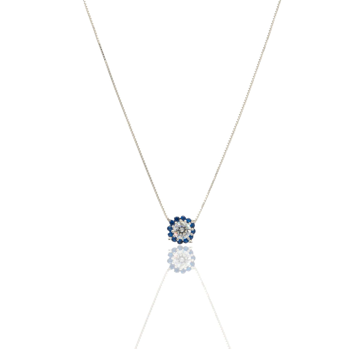 Collana Oro Bianco Oro 18 carati Quadrato Centro E Contorno Pavè Zirconi Blu, Zircone Bianco 
