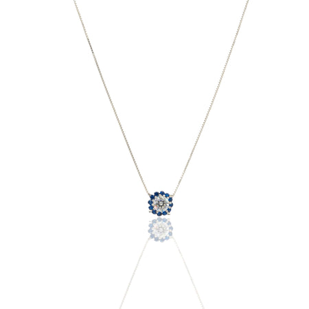 Collana Oro Bianco Oro 18 carati Quadrato Centro E Contorno Pavè Zirconi Blu, Zircone Bianco 