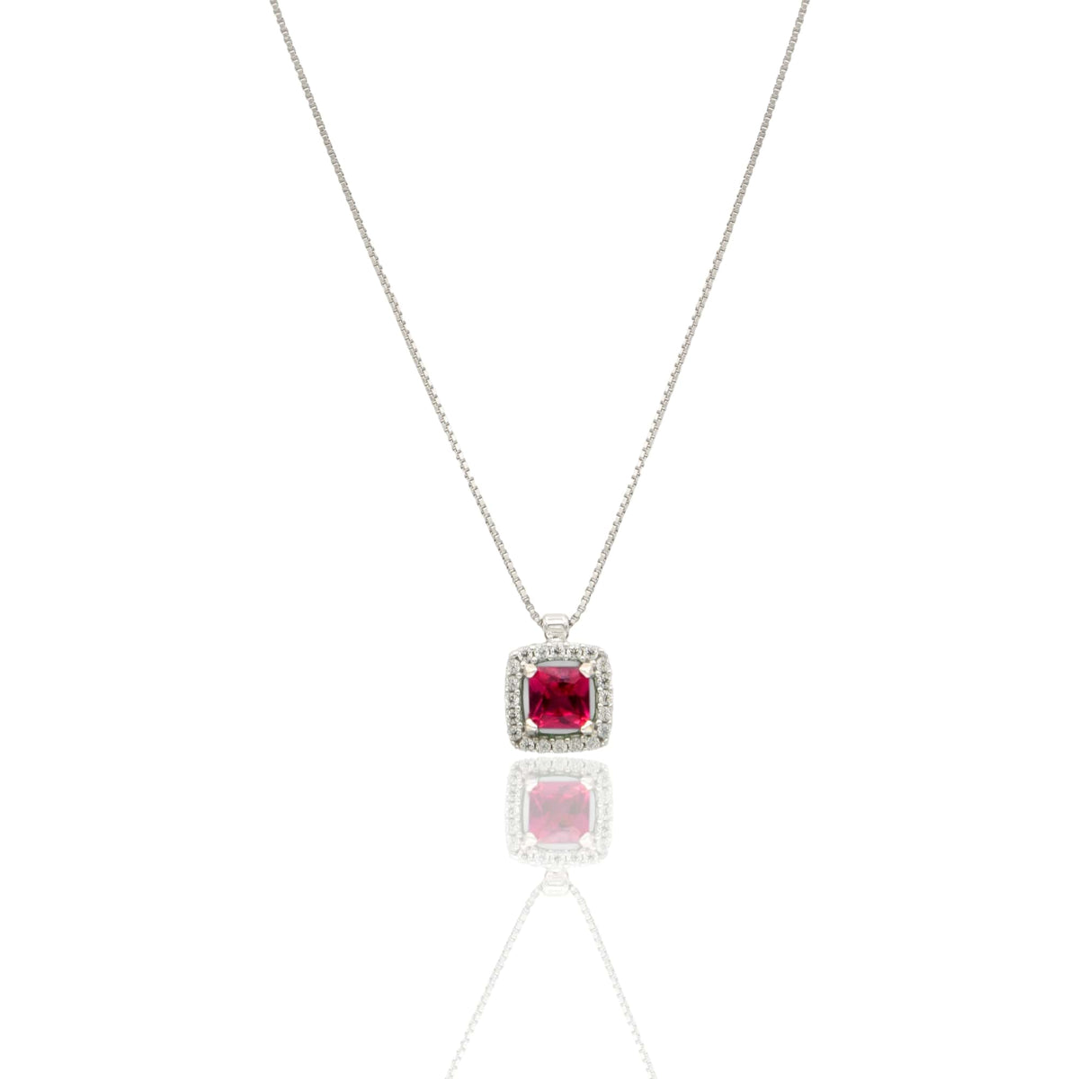 Collana Oro Bianco Oro 18 carati Quadrato Centro E Contorno Pavè Zirconi bianchi, Zircone Rosso 