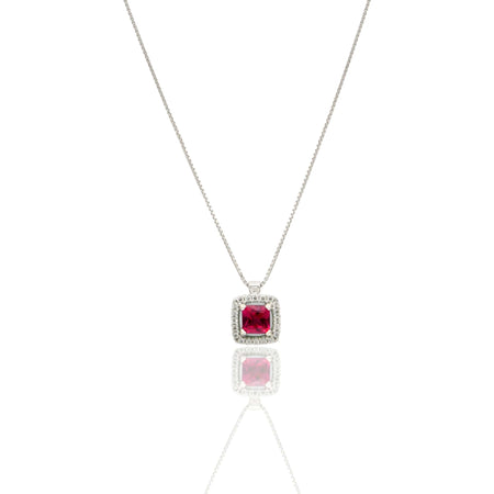 Collana Oro Bianco Oro 18 carati Quadrato Centro E Contorno Pavè Zirconi bianchi, Zircone Rosso 