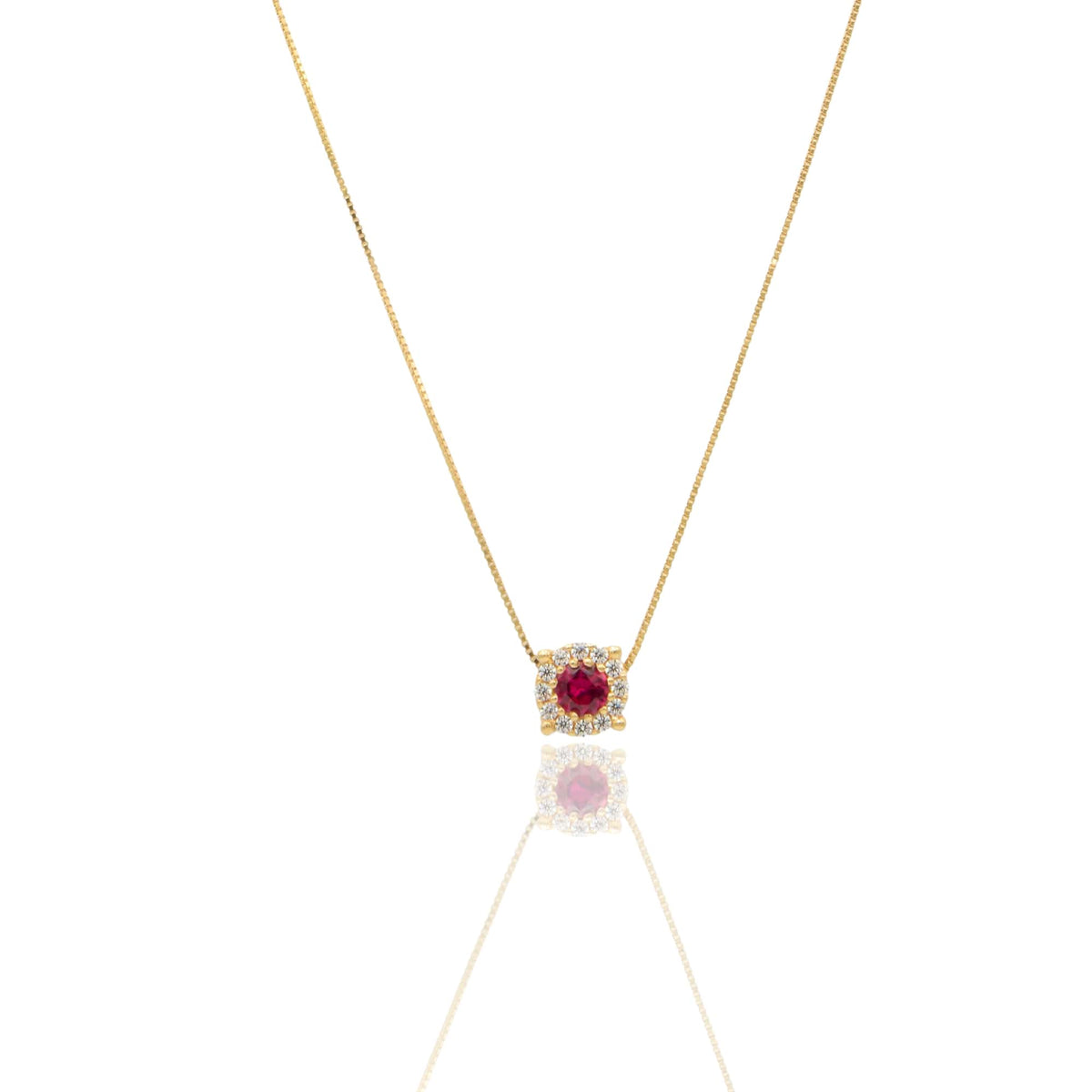 Collana Oro Giallo Oro 18 carati Quadrato Centro E Contorno Pavè Zirconi bianchi, Zircone Rosso 