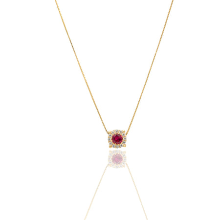 Collana Oro Giallo Oro 18 carati Quadrato Centro E Contorno Pavè Zirconi bianchi, Zircone Rosso 