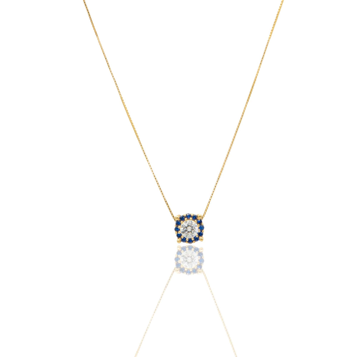 Collana Oro Giallo Oro 18 carati Quadrato Centro E Contorno Pavè Zirconi Blu, Zircone Bianco 