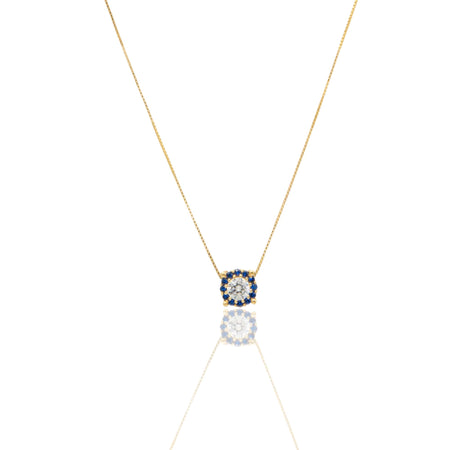 Collana Oro Giallo Oro 18 carati Quadrato Centro E Contorno Pavè Zirconi Blu, Zircone Bianco 
