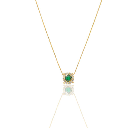 Collana Oro Giallo Oro 18 carati Quadrato Centro E Contorno Pavè Zirconi bianchi, Zircone Verde 