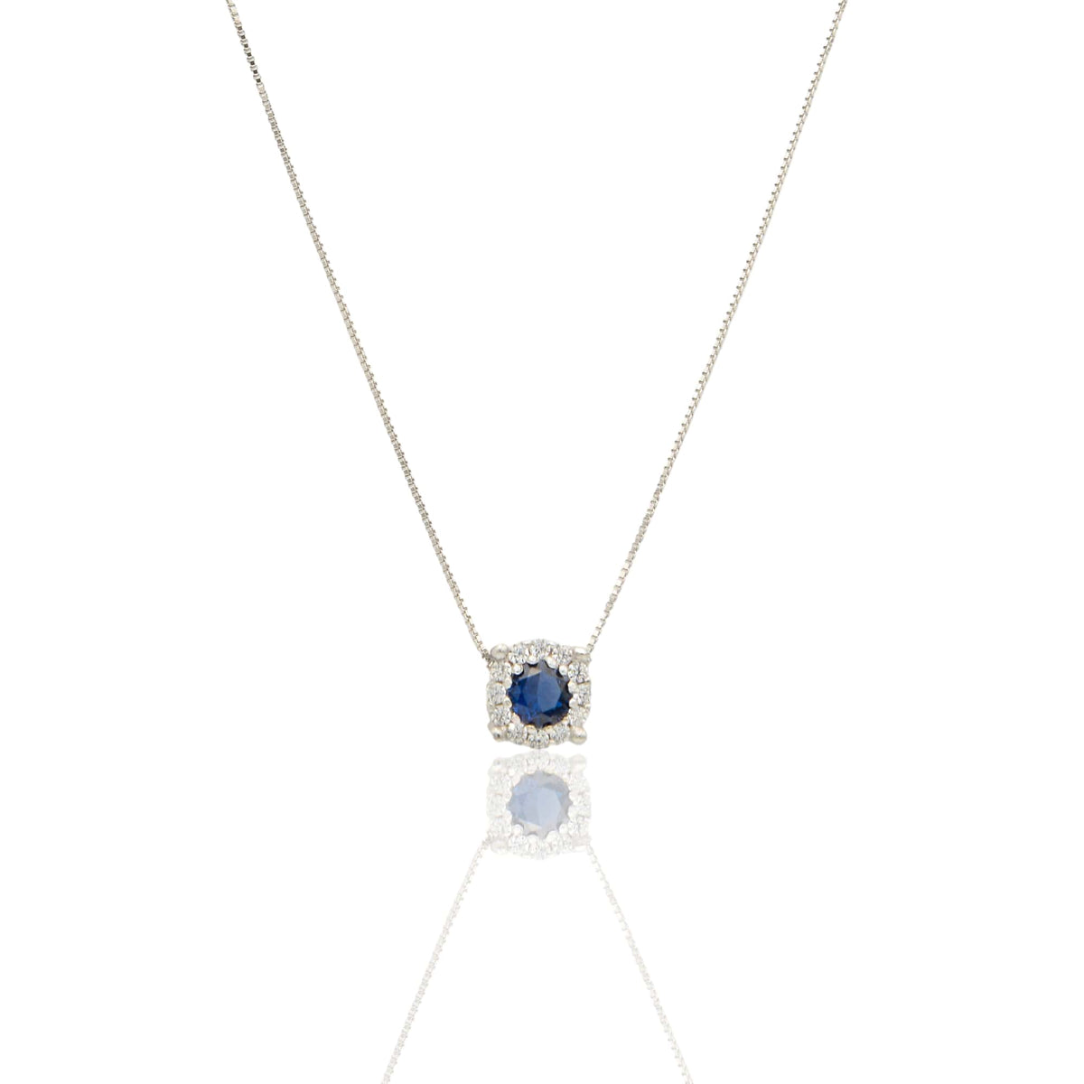 Collana Oro Bianco Oro 18 carati Quadrato Centro E Contorno Pavè Zirconi bianchi, Zircone Blu 