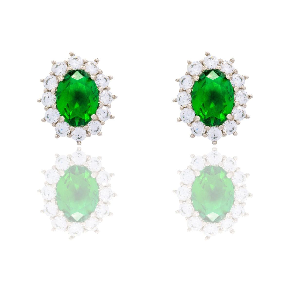 Orecchini Oro Bianco Oro 18 carati Modello Kate Centro E Contorno Zirconi Bianchi, Zircone Verde 