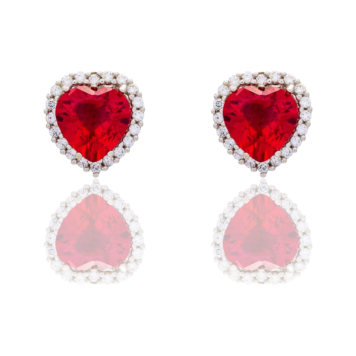 Orecchini Oro Bianco Oro 18 carati Cuore Centro E Contorno Zirconi Bianchi, Zircone Rosso 