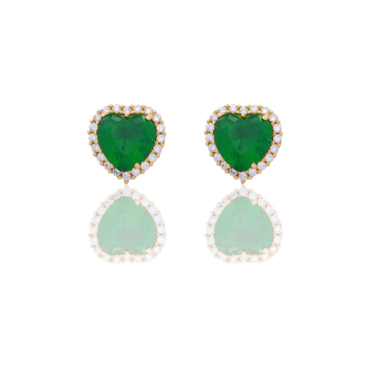Orecchini Oro Giallo Oro 18 carati Cuore Centro E Contorno Zirconi Bianchi, Zircone Verde 