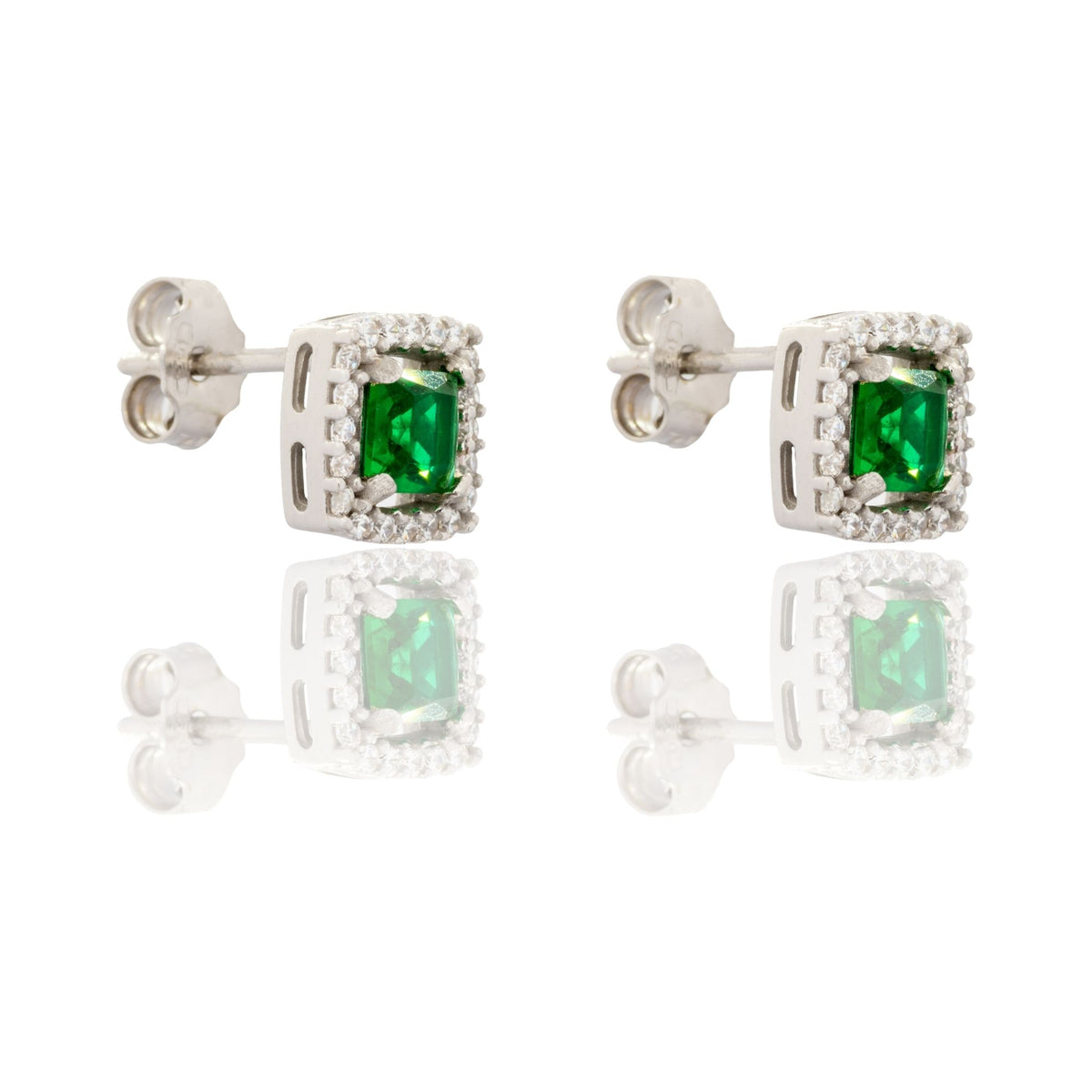 Orecchini Oro Bianco Oro 18 carati Quadrati Centro E Contorno Pavè Zirconi bianchi, Zircone Verde 
