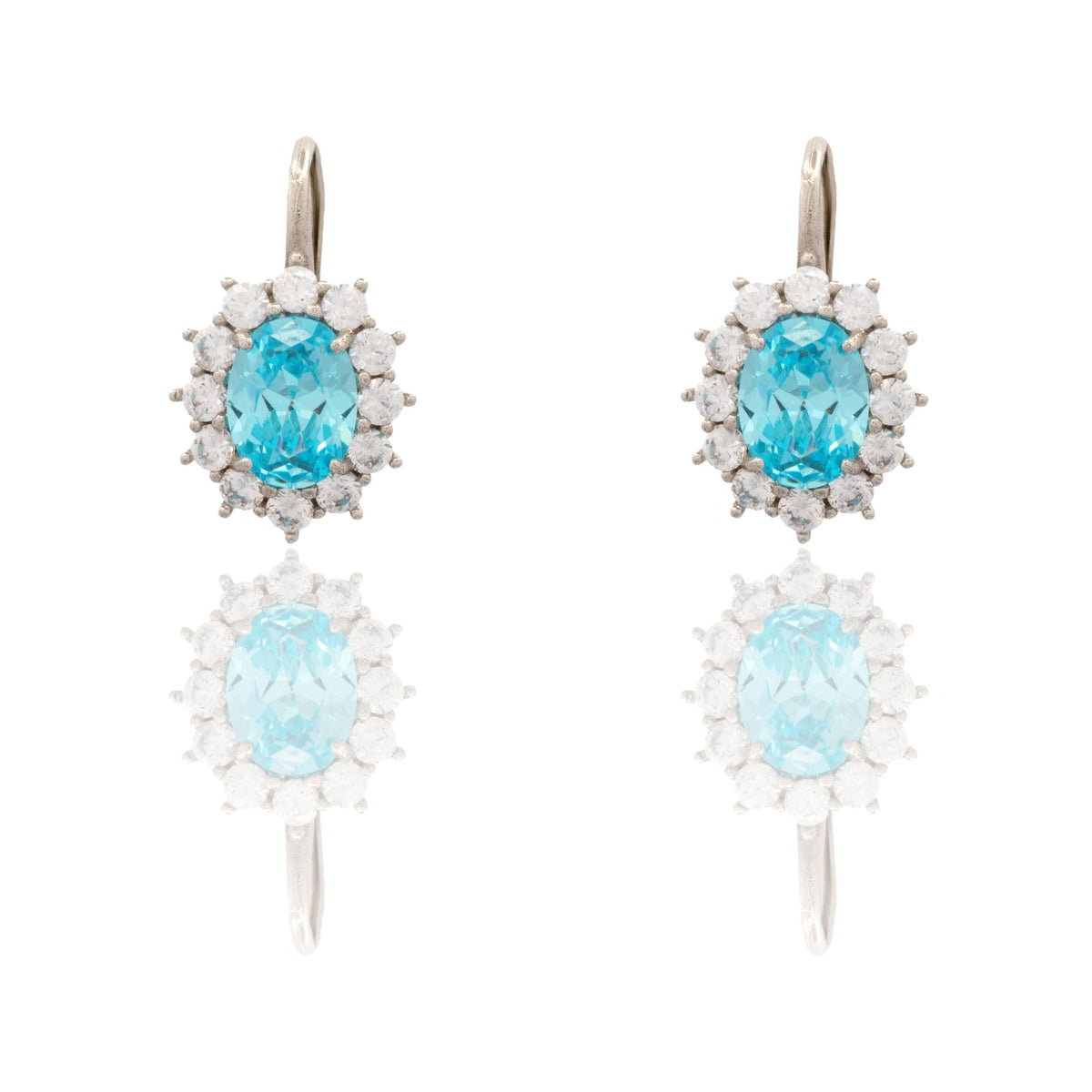 Orecchini Oro Bianco Oro 18 carati Modello Kate Centro E Contorno Zirconi Bianchi, Zircone Azzurro 
