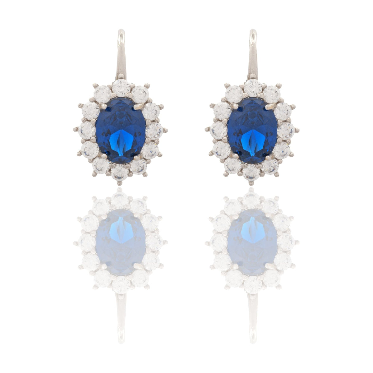 Orecchini Oro Bianco Oro 18 carati Modello Kate Centro E Contorno Zirconi Bianchi, Zircone Blu 