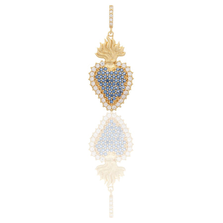 Ciondolo Oro Giallo Oro 18 carati Cuore Sacro Pave' Zirconi Bianchi, Zirconi Blu cm.3,4
