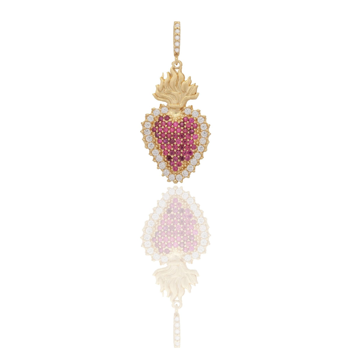 Ciondolo Oro Giallo Oro 18 carati Cuore Sacro Pave' Zirconi Bianchi, Zirconi fucsia cm.3,4