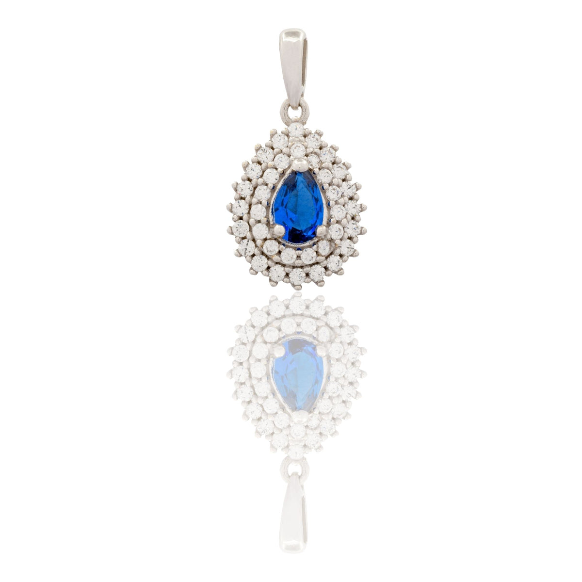 Ciondolo Oro Bianco Oro 18 carati Pietra Centrale Ovale Doppio Contorno Zirconi Bianchi, Zircone Blu cm.1,8
