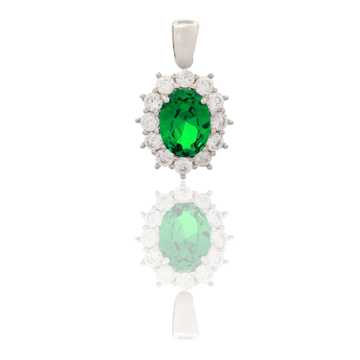 Ciondolo Oro Bianco Oro 18 carati Modello Kate Centro E Contorno Zirconi Bianchi, Zircone Verde cm.1,8