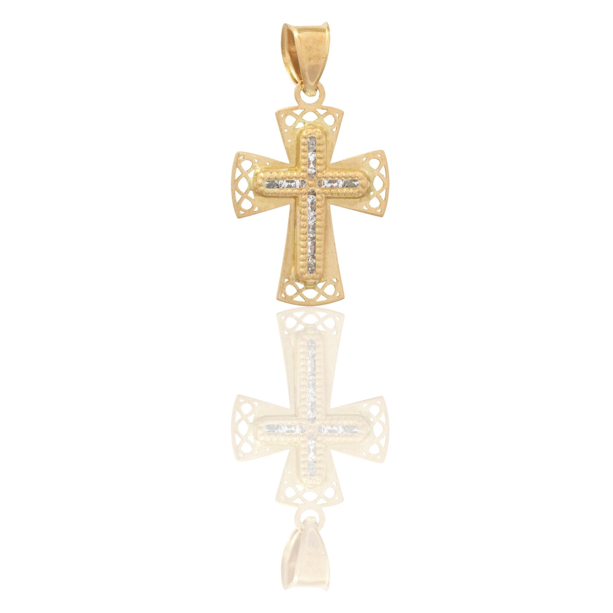 Ciondolo Oro Giallo Oro Bianco Oro 18 carati Croce Contorno Martellato Zirconi Bianchi cm.2,3