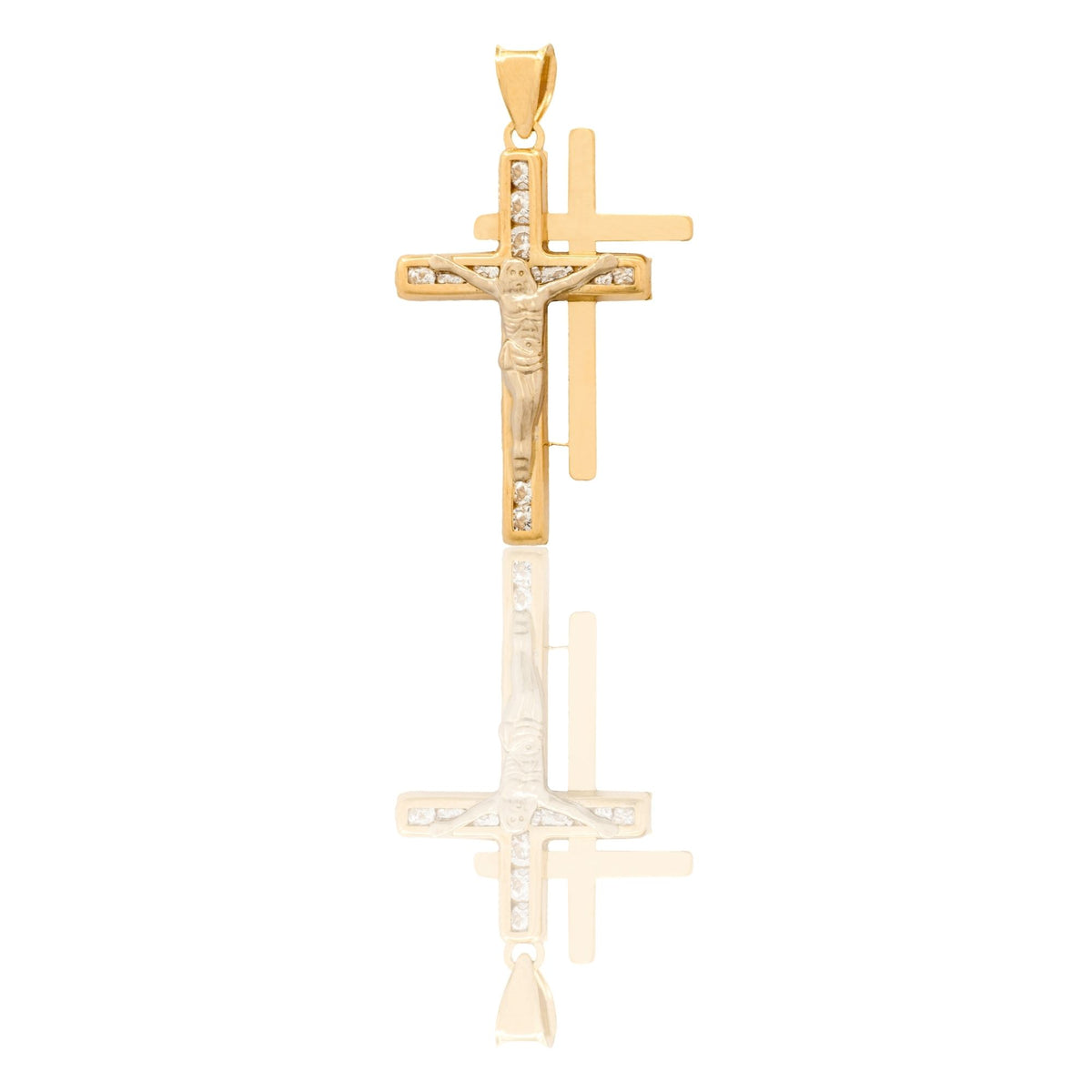 Ciondolo Oro Giallo Oro 18 carati Croce Con Cristo Doppia Zirconi Bianchi
