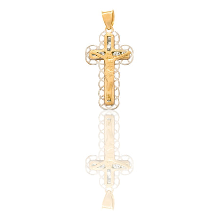 Ciondolo Oro Giallo Oro Bianco Oro 18 carati  Croce Con Cristo  Contorno Merletto Zirconi Bianchi