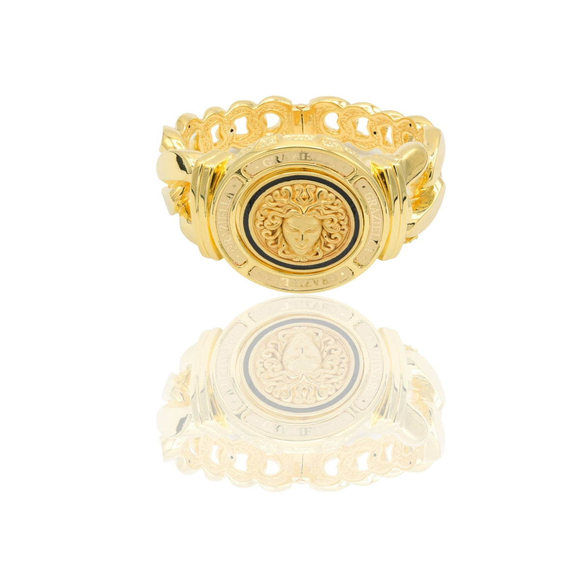 Bracciale Oro Giallo Oro 18 carati Groumette Rigida Con Volto Medusa Smalto Nero