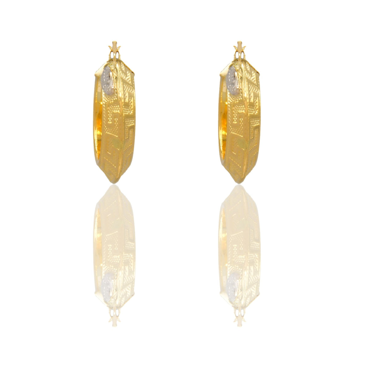 Orecchini Oro Giallo Oro Bianco Oro 18 carati Cerchi Greca Piramide Solo Oro Spessore mm.6 diametro interno  cm.2,5