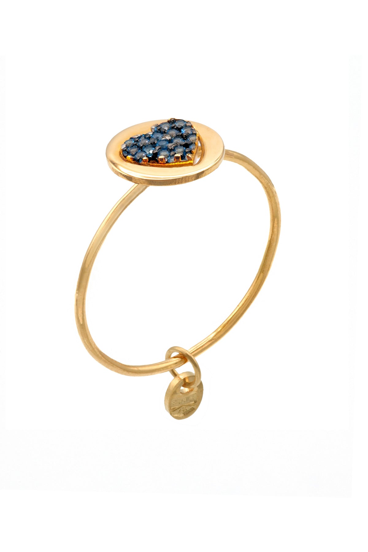 Anello Oro Giallo Oro 18 carati Cuore Pave' Contorno Tondo Zirconi Blu spessore gambo 1 mm
