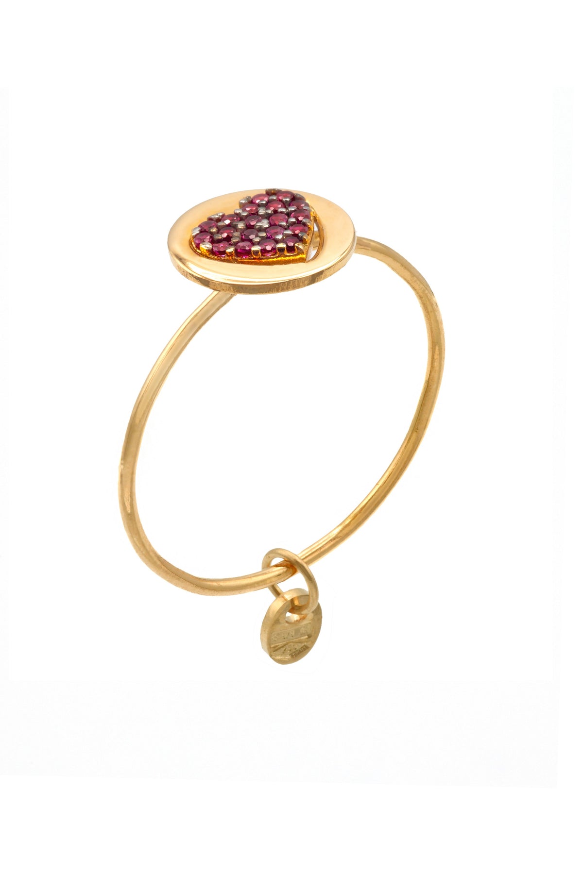 Anello Oro Giallo Oro 18 carati Cuore Pave' Contorno Tondo Zirconi Rossi spessore gambo 1 mm , spessore pietra 8 