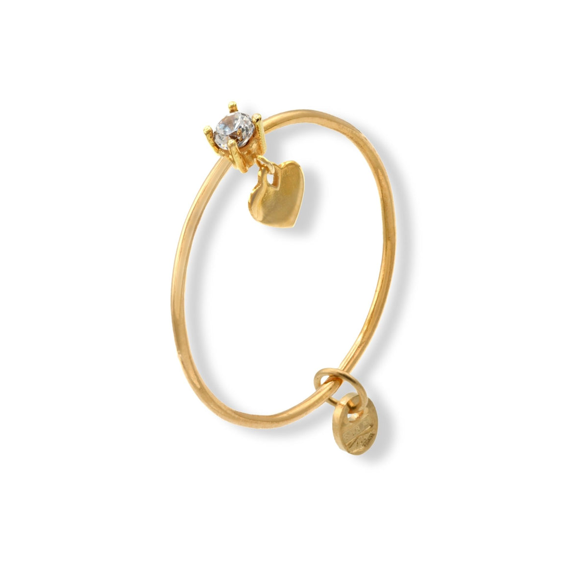 Anello Oro Giallo Oro 18 carati  Solitario Cuoricino Pendente Zircone Bianco spessore gambo 0,7 mm