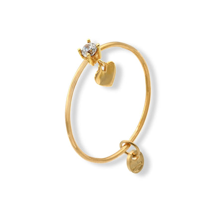 Anello Oro Giallo Oro 18 carati  Solitario Cuoricino Pendente Zircone Bianco spessore gambo 0,7 mm