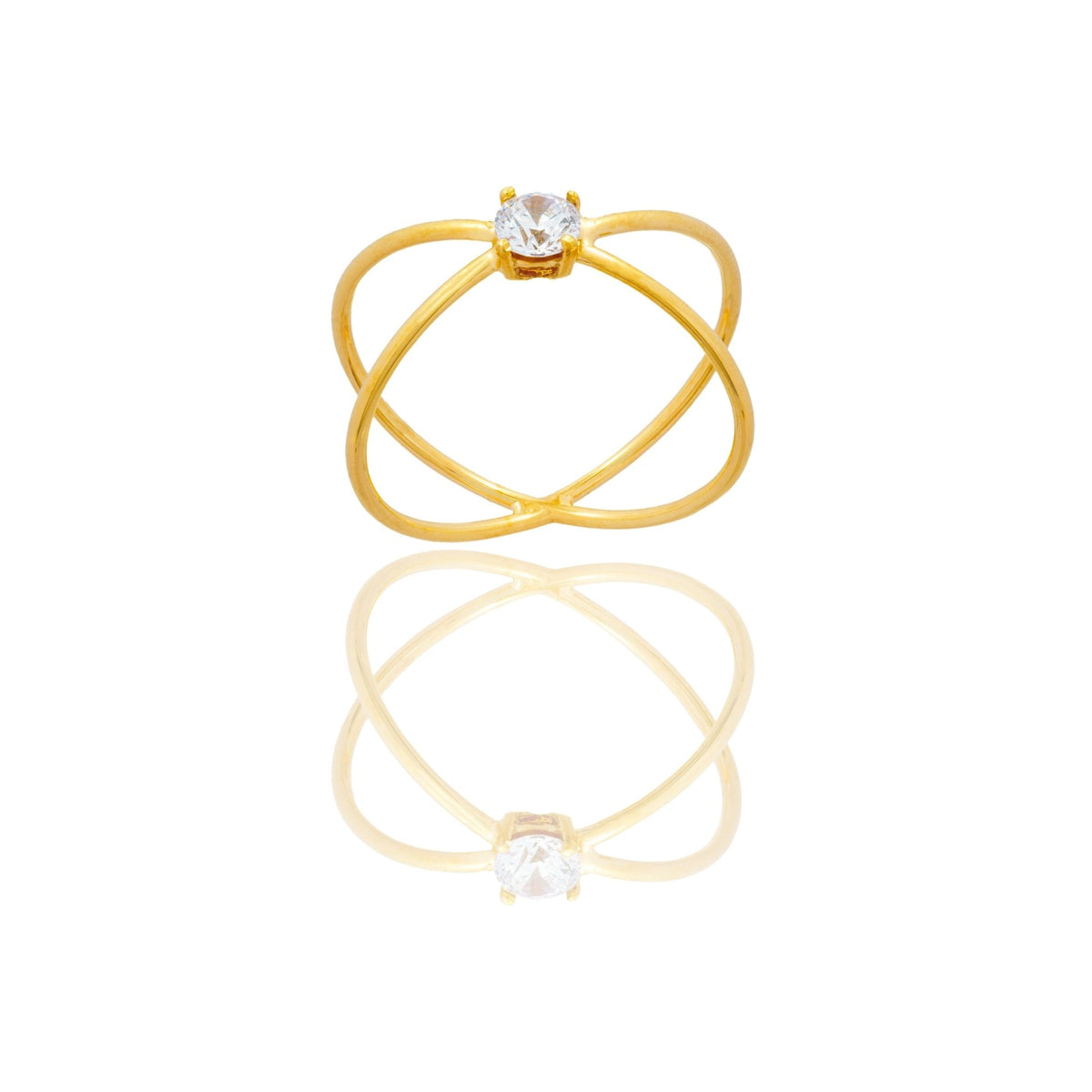 Anello Oro Giallo Oro 18 carati  Doppio Gambo Intrecciato Solitario  Zircone Bianco spessore gambo 1,7 mm , spessore pietra 4 larghezza laterale 6