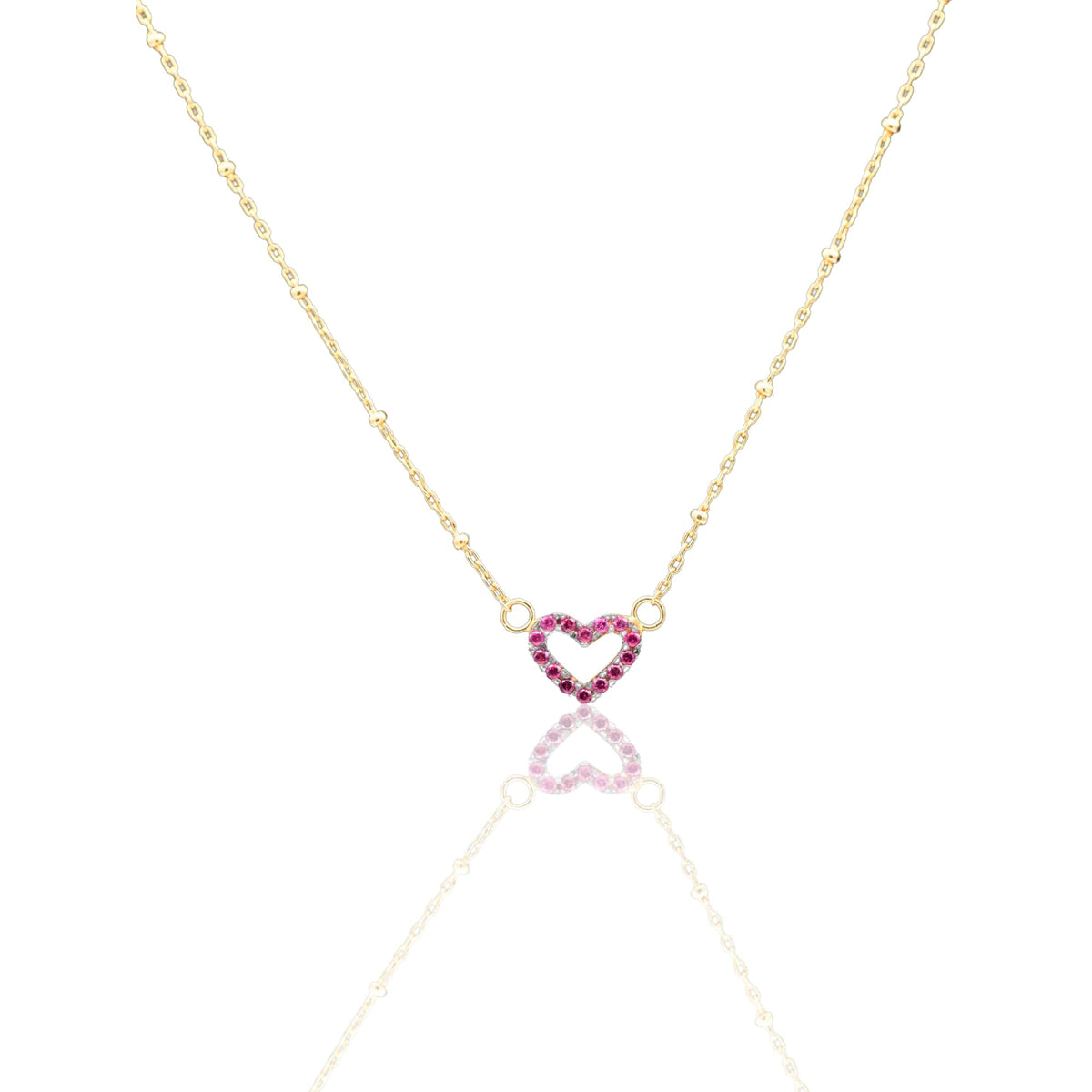 Collana Oro Giallo Oro 18 carati  Catenina Pallinata Sagoma Cuore Pave' Zirconi Rossi cm.43