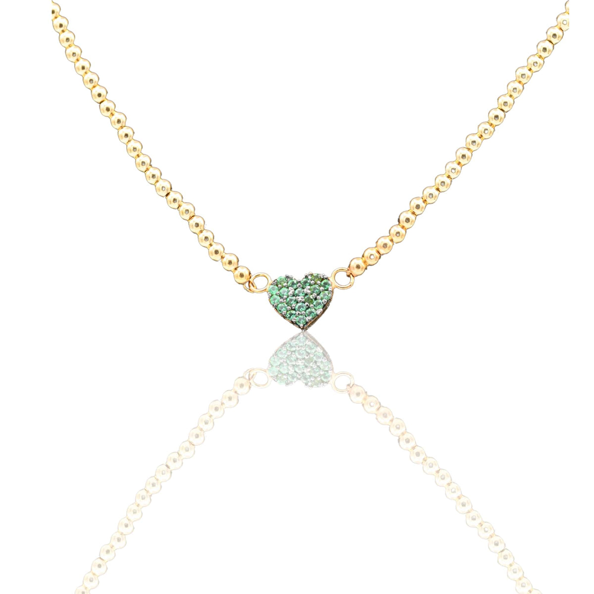 Collana Oro Giallo Oro 18 carati  Catenina Pallinata Cuore Pave' Zirconi Verdi cm.43