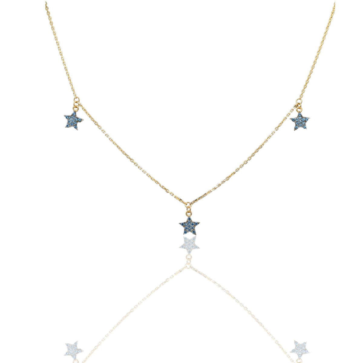 Collana Oro Giallo Oro 18 carati Catenina Rolò  Stelle pendenti pavè Zirconi Blu cm.43