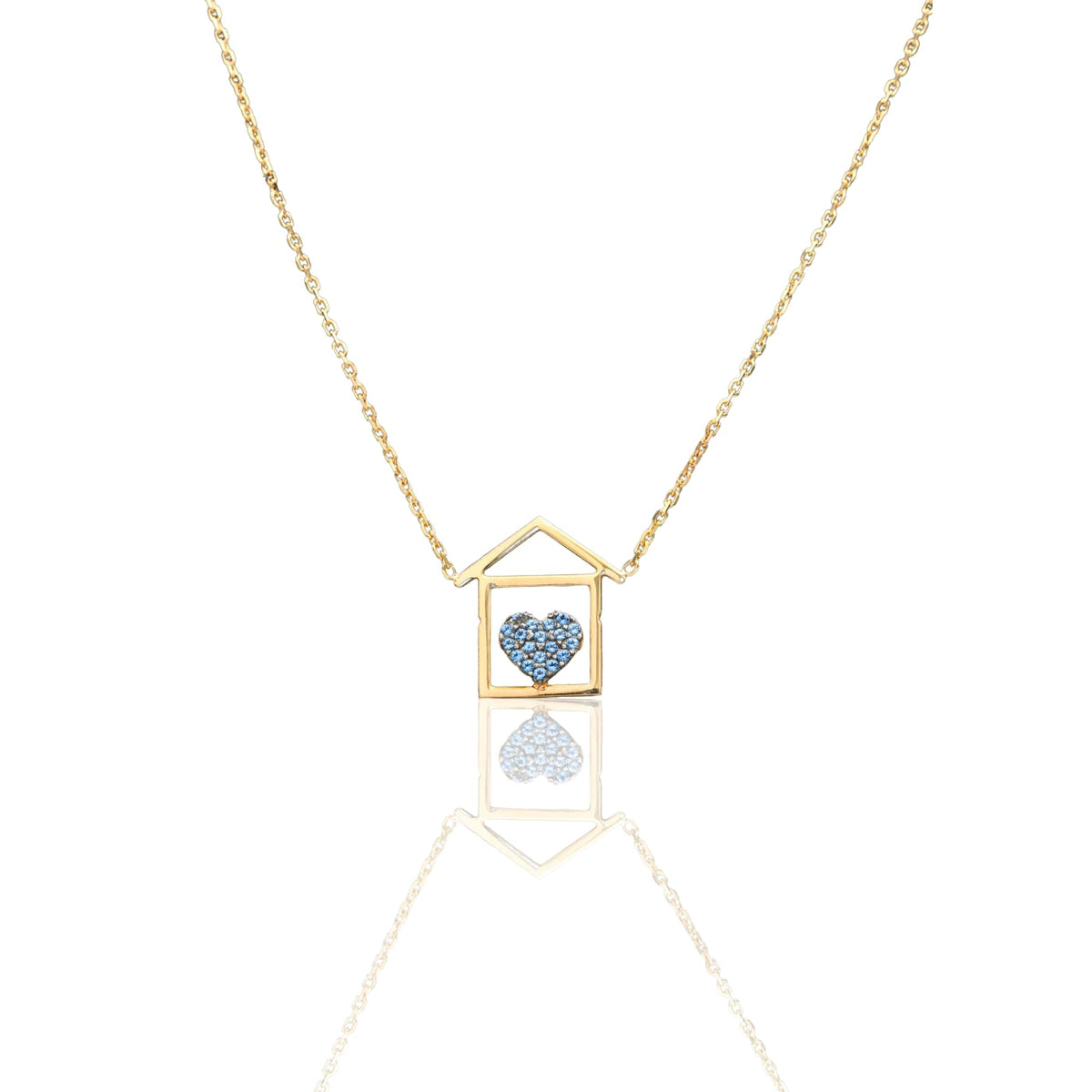 Collana Oro Giallo Oro 18 carati Catenina rolò Casetta cuore pavè Zirconi Blu cm.43