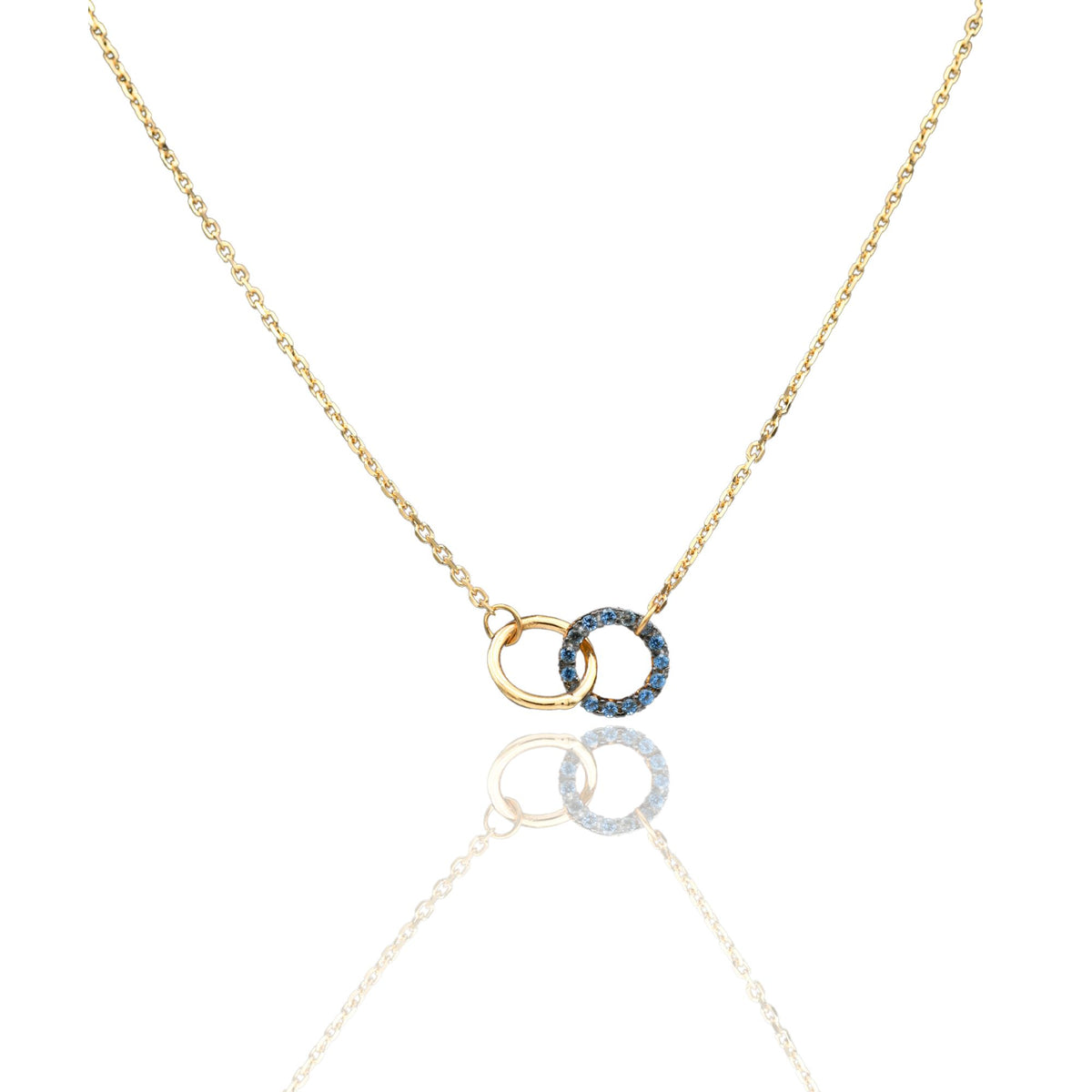 Collana Oro Giallo Oro 18 carati  Catenina rolò Sagoma Cerchi Intrecciati  Zirconi Blu cm.43