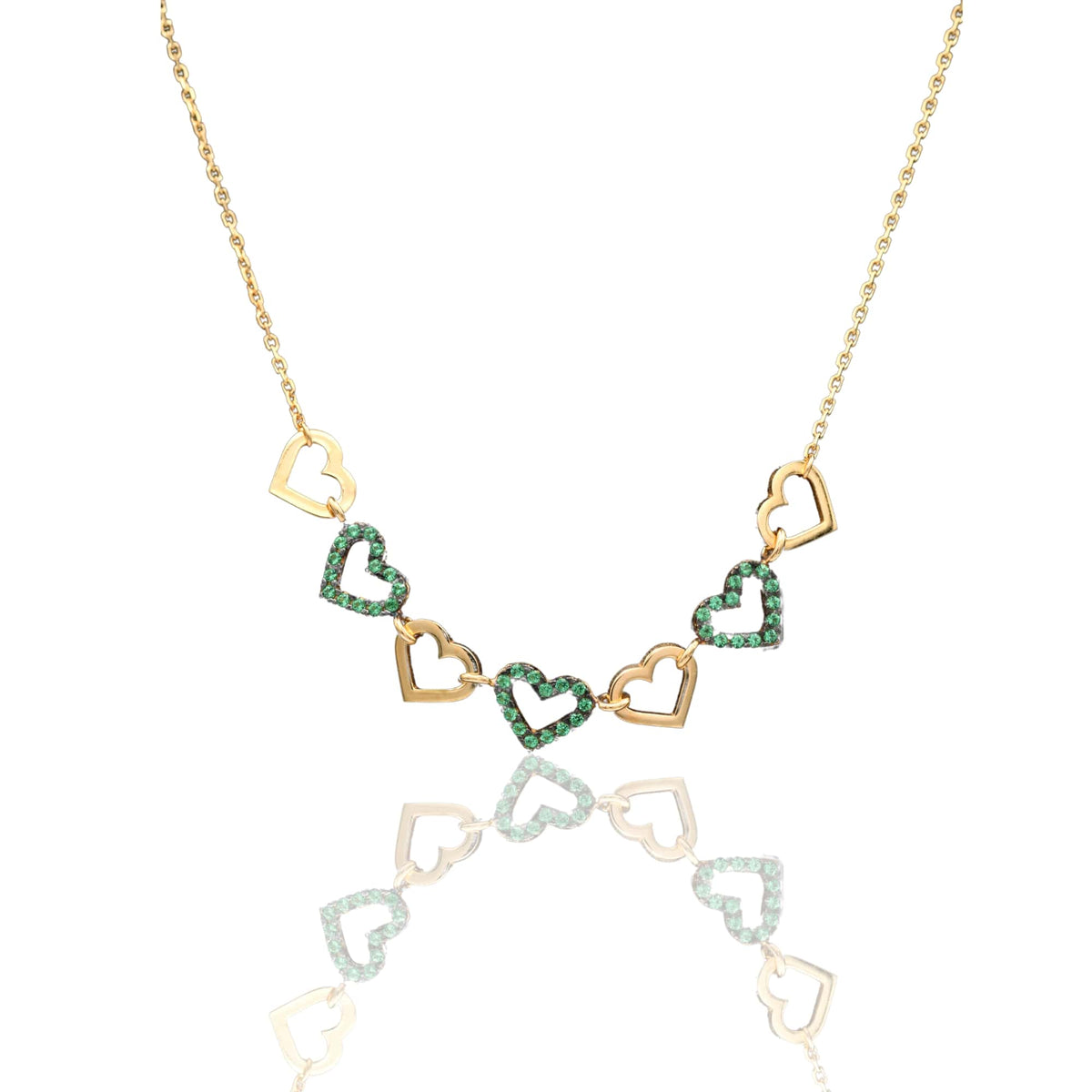 Collana Oro Giallo Oro 18 carati Catenina rolò Sagoma Cuori Alternati  Zirconi Verdi cm.43