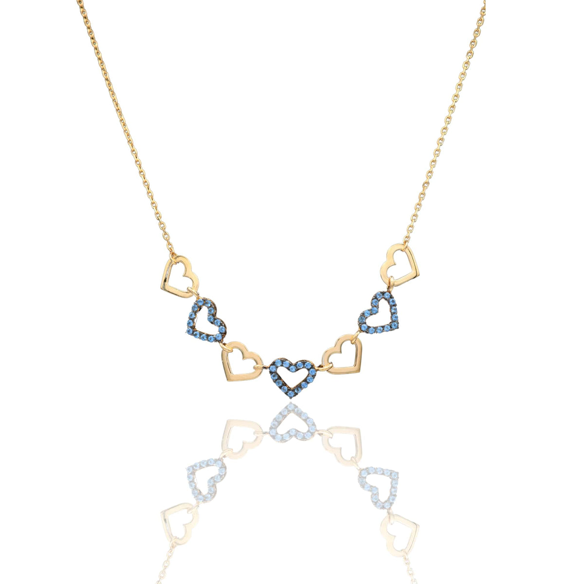 Collana Oro Giallo Oro 18 carati Catenina rolò Sagoma Cuori Alternati  Zirconi Blu cm.43