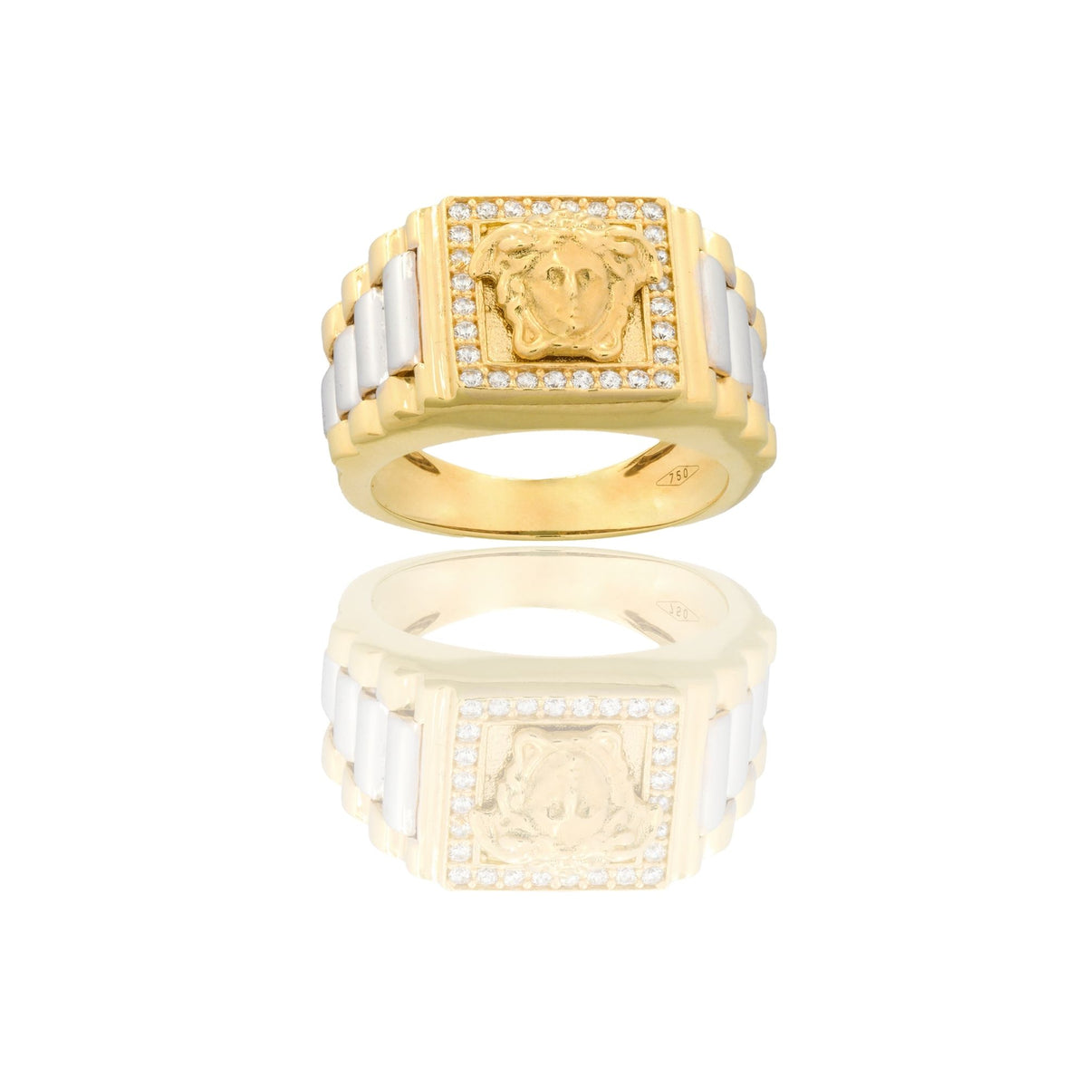 Anello Oro Giallo, Oro Bianco Oro 18 carati  Quadrato Centro Medusa Zirconi Bianchi 