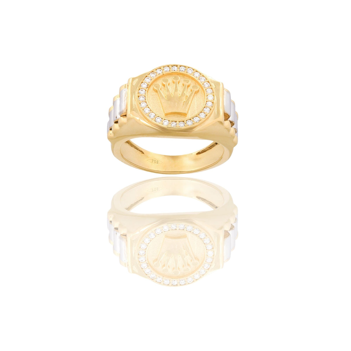 Anello Oro Giallo, Oro Bianco Oro 18 carati Scudo Tondo Con Corona Zirconi Bianchi 