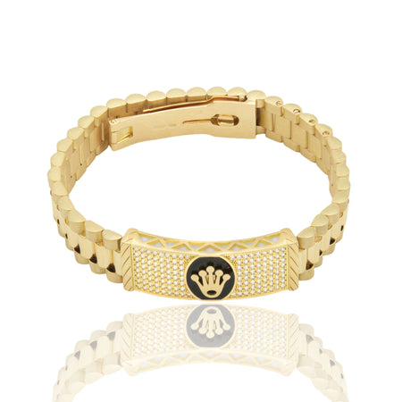 Bracciale Oro Giallo Oro 18 carati Maglia President Targa Con Corona Zirconi Bianchi, Pietra Onice 