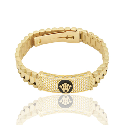 Bracciale Oro Giallo Oro 18 carati Maglia President Targa Con Corona Zirconi Bianchi, Pietra Onice 