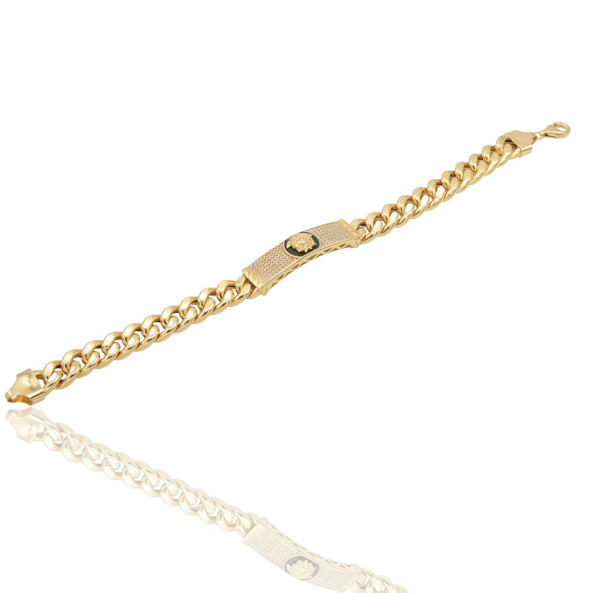 Bracciale Oro Giallo Oro 18 carati Groumette Con Targa E Medusa Zirconi Bianchi, Smalto Nero 